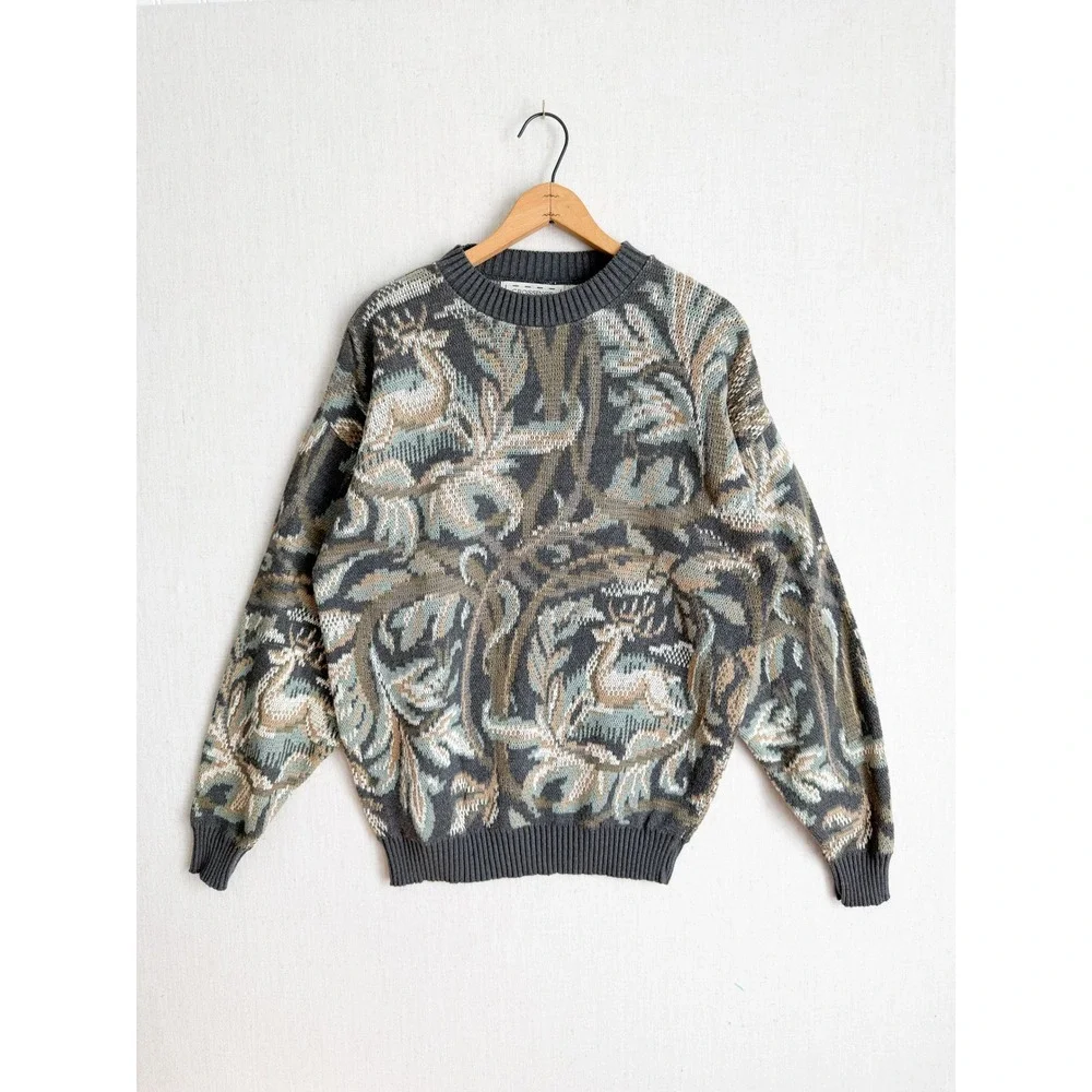 Crossings Vintage Mens Deer Intarsia Knit Cotton Sweater Made in USA Grey‎ M